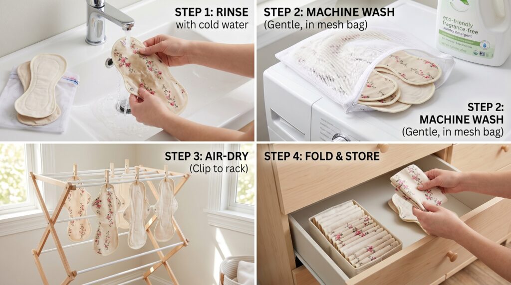 Step-by-step care routine showing reusable organic cotton pantiliners being washed, dried, and stored.