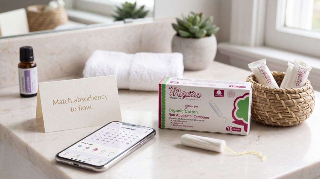 Bathroom counter with organic cotton non-applicator tampons, a period-tracking app, and a reminder to match absorbency to menstrual flow.