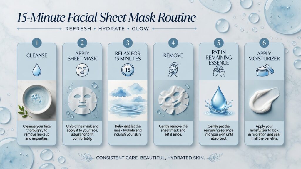 tep-by-step infographic showing how to use a facial sheet mask for a 15-minute hydration routine.
