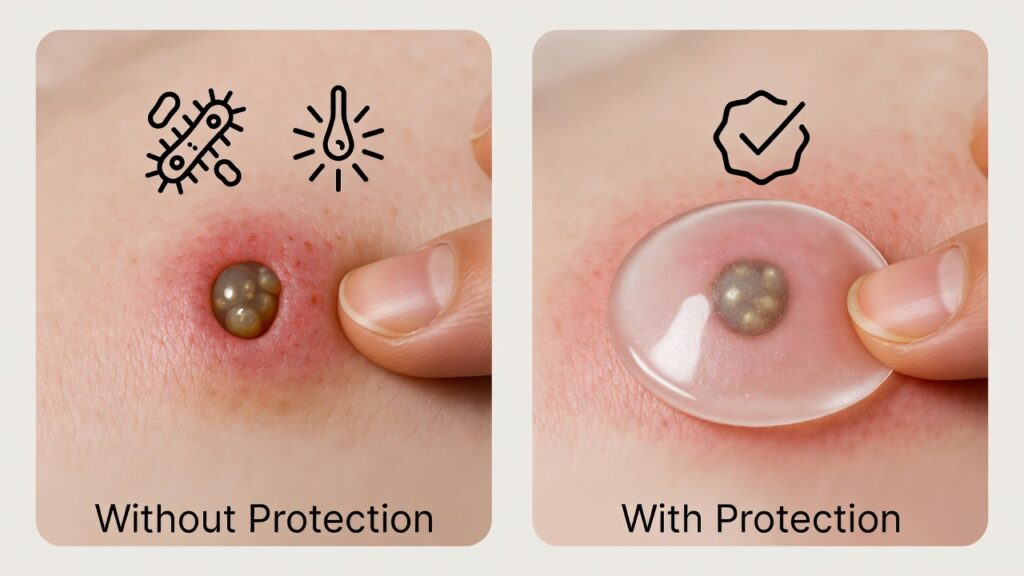 Split-screen infographic comparing pimple picking with protecting a blemish using a hydrocolloid acne patch.