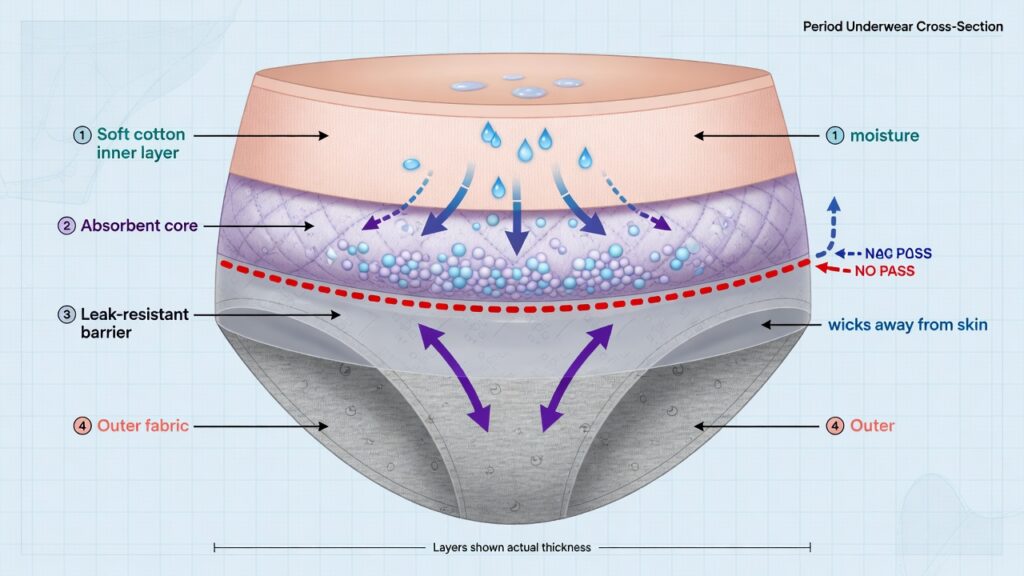 Cross-section diagram of cotton period underwear showing inner cotton layer, absorbent core, leak-resistant barrier, and outer fabric.