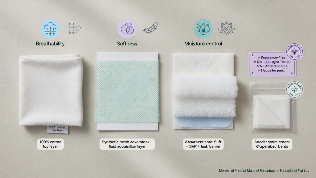 Educational flat-lay comparing cotton and synthetic menstrual care materials with icons for breathability, softness, and moisture control.