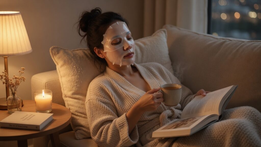 Person relaxing at home while wearing a facial sheet mask as part of a calm hydration-focused self-care routine.