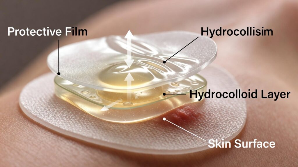 Diagram showing the layers of a hydrocolloid acne patch absorbing fluid from a surface blemish.