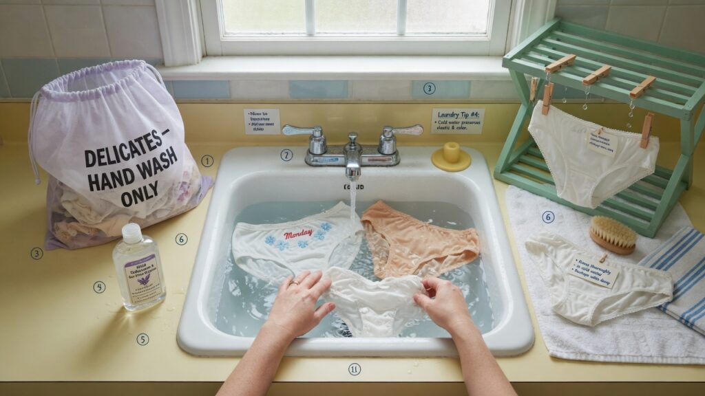 Period underwear care setup with cold-water rinse, mesh laundry bag, mild detergent, and drying rack.