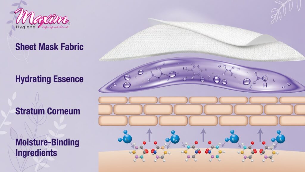 Diagram showing humectant molecules attracting water beneath facial sheet mask fabric to support skin surface hydration.