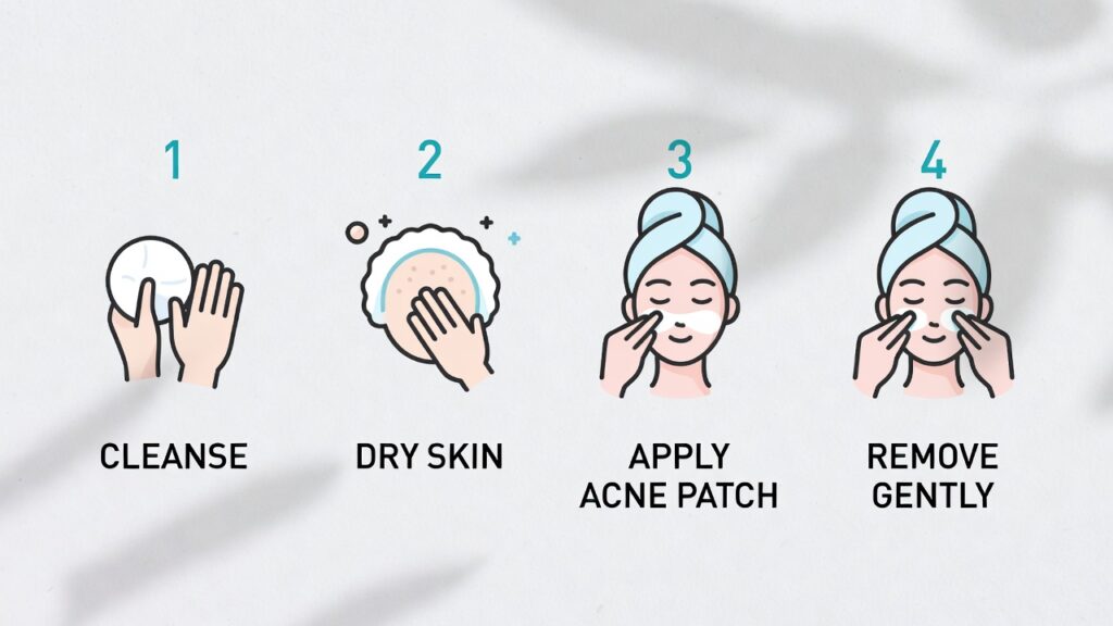 Four-step guide showing how to cleanse, dry skin, apply a hydrocolloid acne patch, and remove it gently.