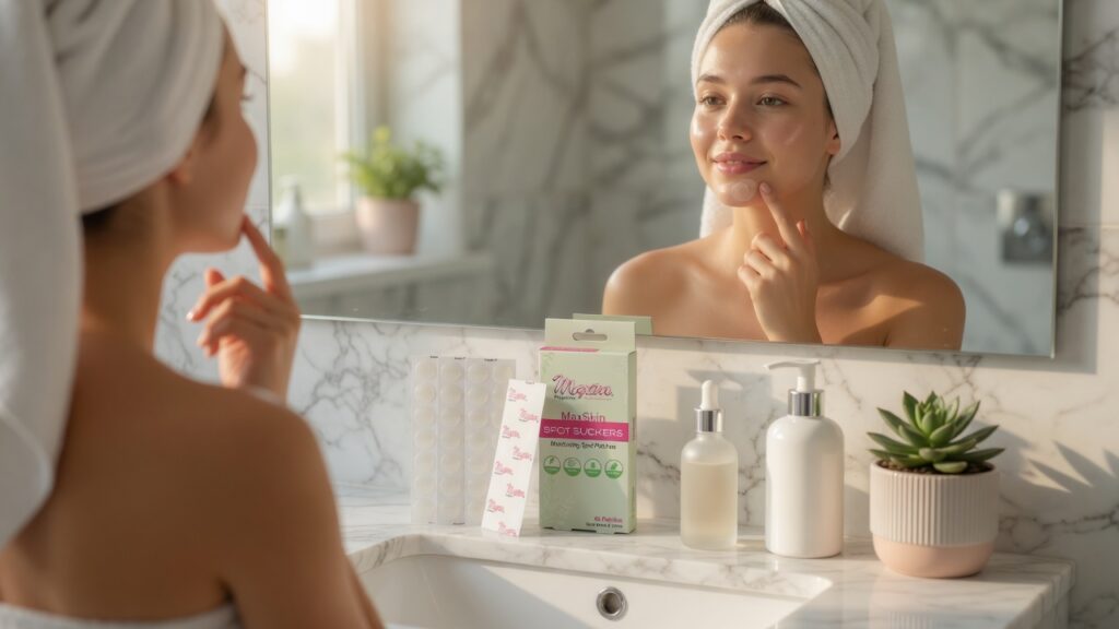 Person applying a clear hydrocolloid acne patch to a chin blemish during a gentle skincare routine.