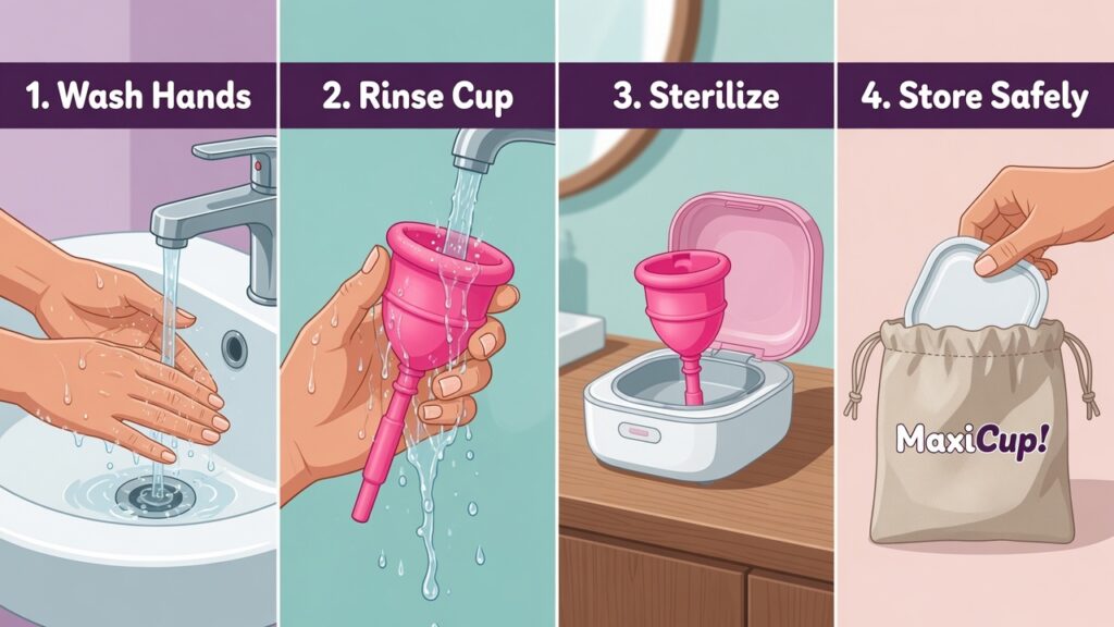 tep-by-step menstrual cup cleaning and sterilizing process shown with clean hands and a compact sterilizer.