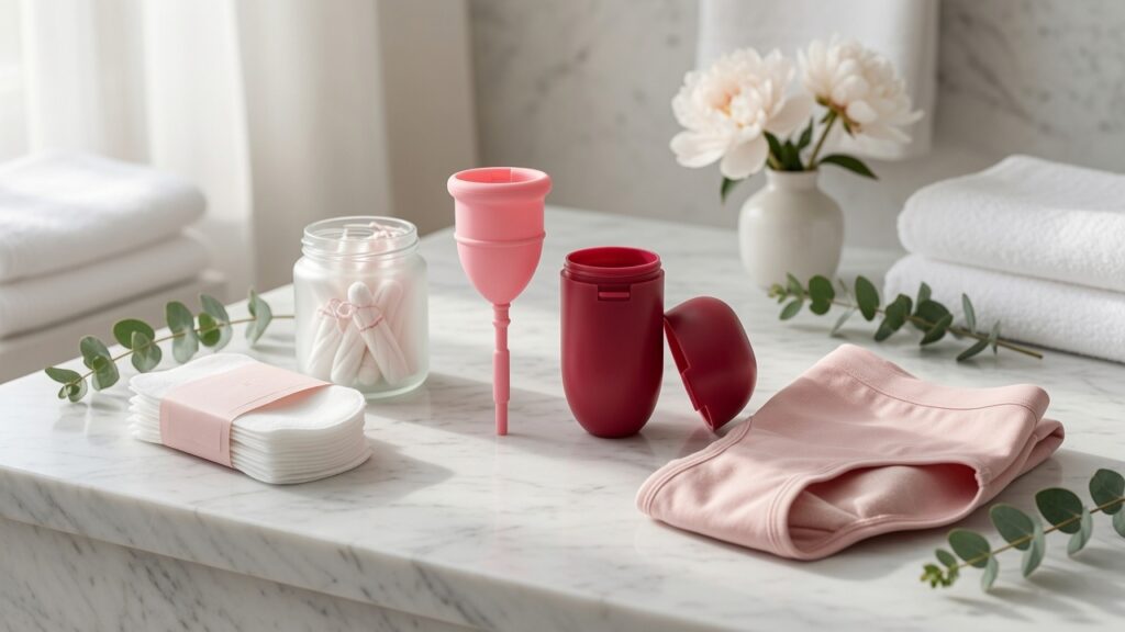 Menstrual cup with sterilizer, pads, tampons, and period underwear arranged on a clean bathroom counter.