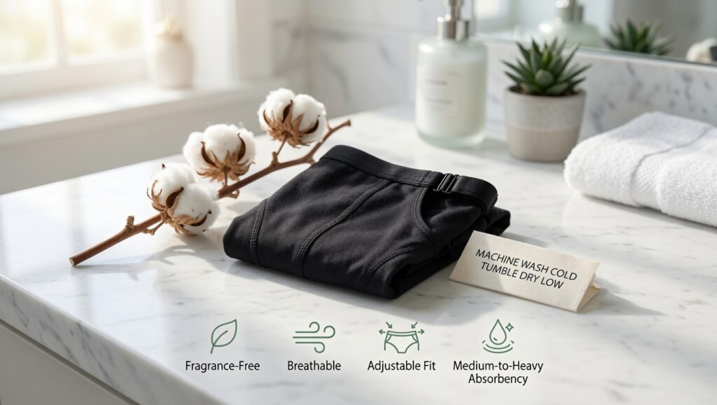 Black organic cotton period underwear displayed with cotton, reusable care tag, and icons for fragrance-free comfort and adjustable fit.