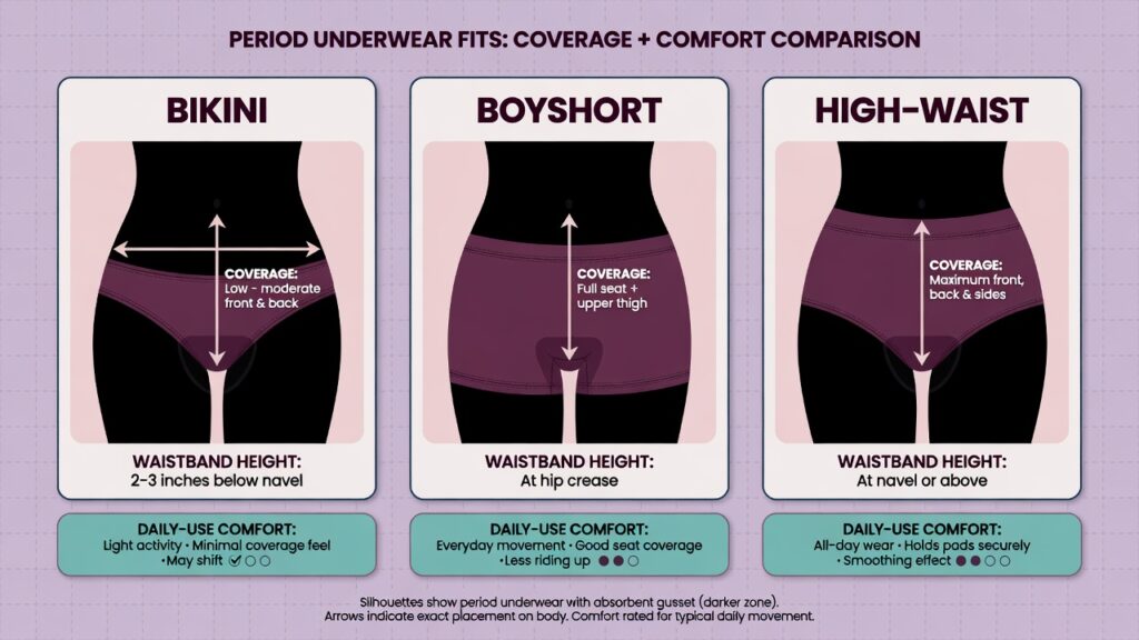 Illustrated comparison of bikini, boyshort, and high-waist period underwear fits.