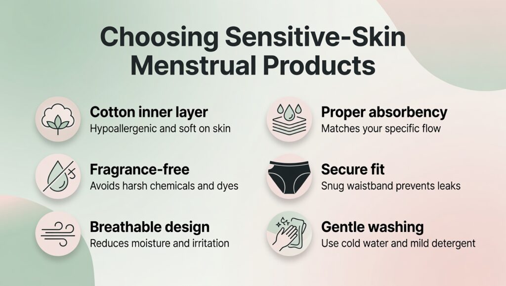 Checklist graphic for choosing sensitive-skin menstrual products, including cotton inner layer, fragrance-free design, breathability, absorbency, fit, and gentle washing.