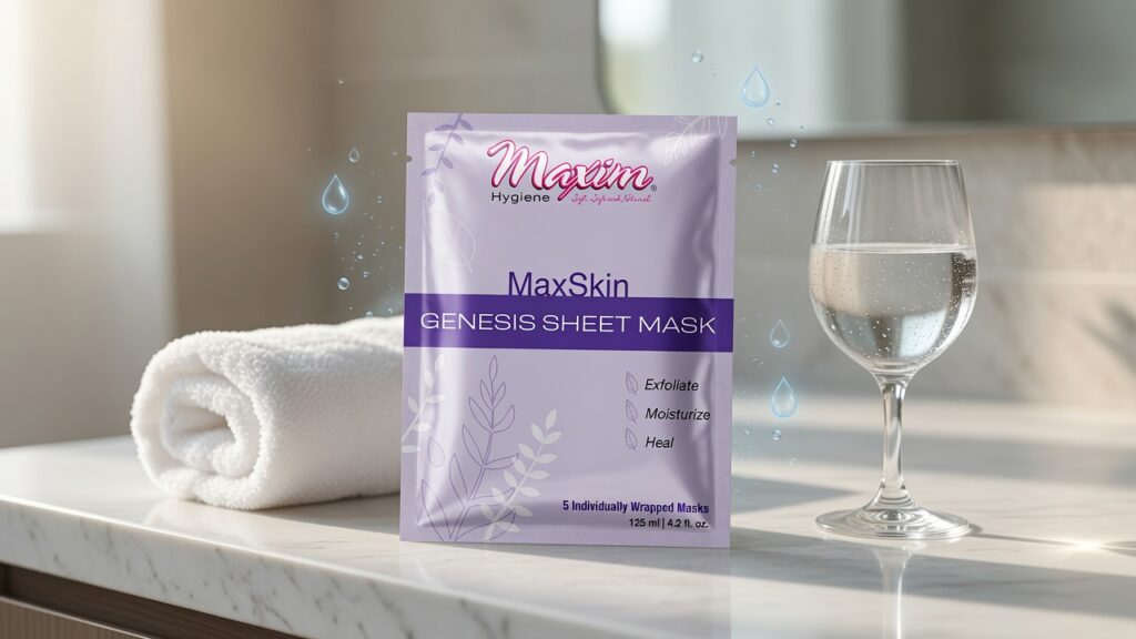 Modern bathroom vanity with facial sheet mask sachet and water droplet graphics illustrating sheet mask hydration science.