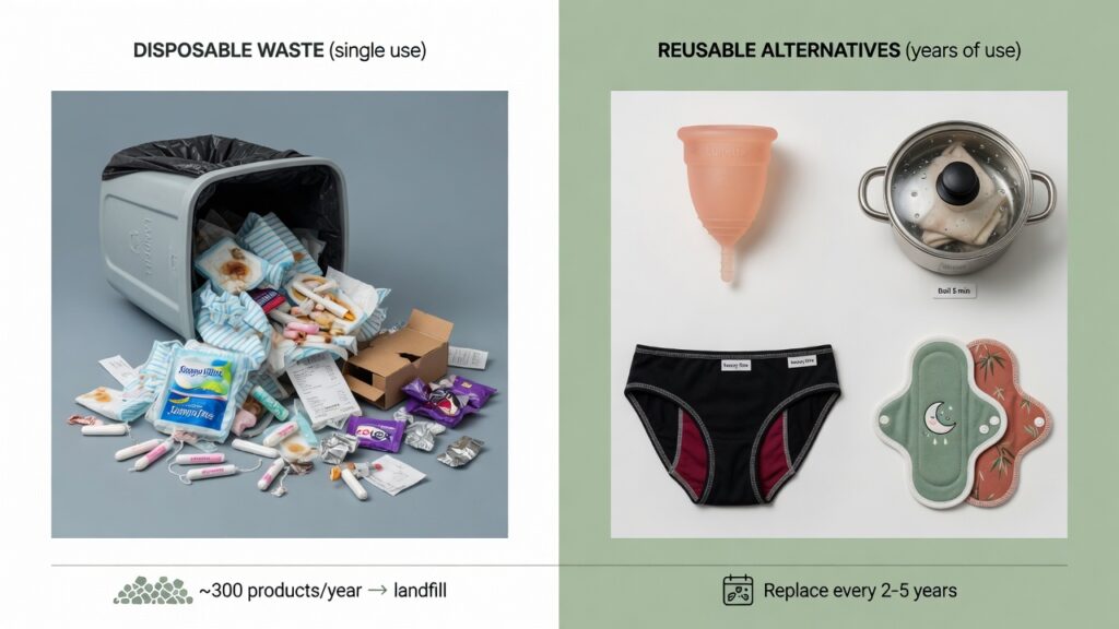 Disposable period product waste compared with reusable menstrual cup, sterilizer, and period underwear.
