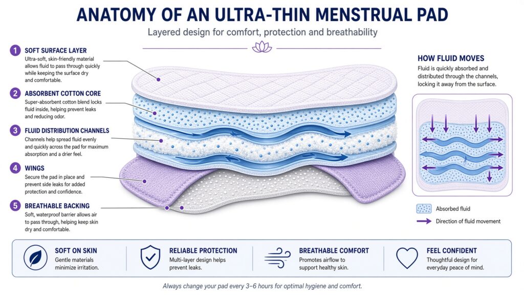 Cutaway diagram of an ultra-thin menstrual pad showing surface layer, absorbent core, channels, wings, and breathable construction.