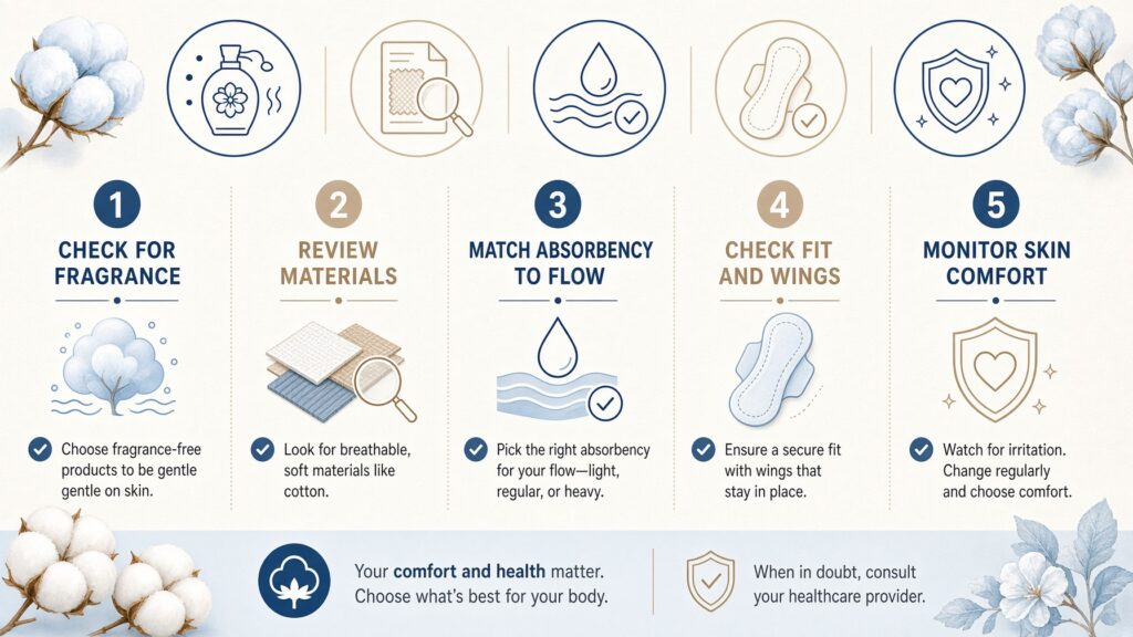 Checklist illustrating five considerations for choosing fragrance-free pads for sensitive skin.