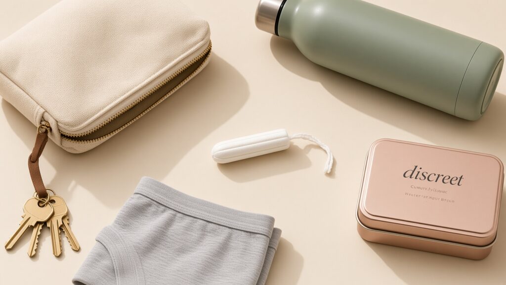 Compact non-applicator tampon displayed with portable everyday period-care essentials.