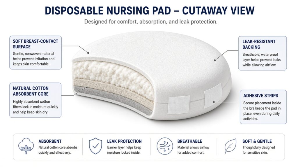 Cutaway diagram of a disposable nursing pad showing its contact layer, cotton absorbent core, leak-resistant backing, and adhesive strips.