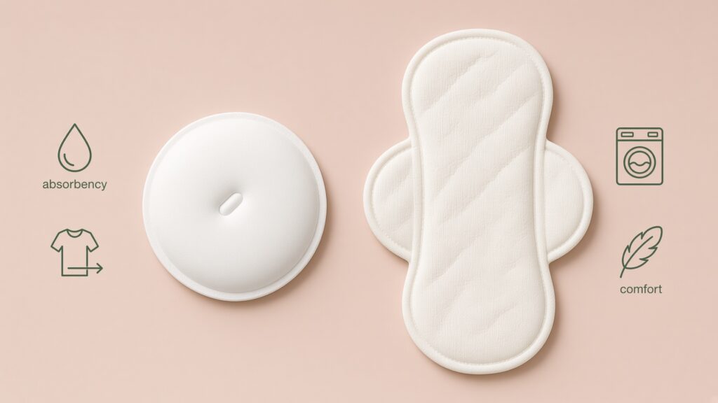 Side-by-side comparison of disposable and reusable nursing pads with icons for absorbency, washing, portability, and comfort.