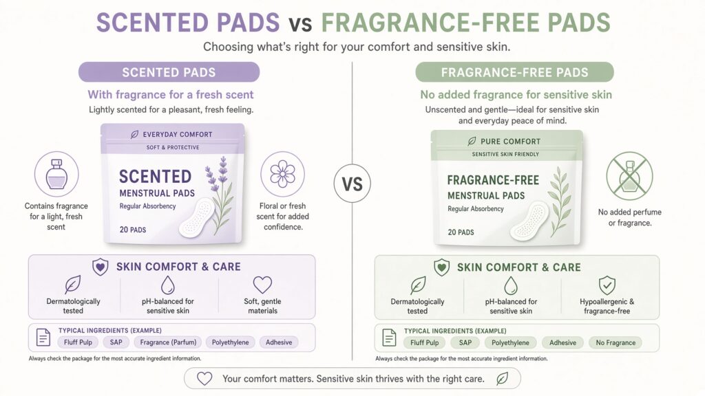 Infographic comparing scented and fragrance-free menstrual pads for people evaluating products for sensitive skin.