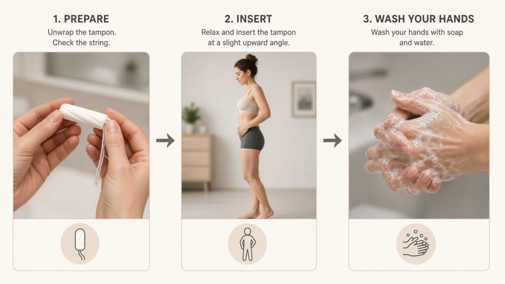 Step-by-step infographic showing handwashing, preparing, inserting, and safely handling a non-applicator tampon.
