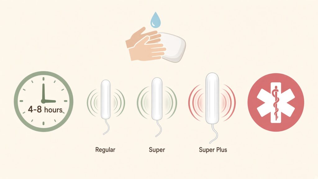 Tampon safety infographic showing four-to-eight-hour changes, handwashing, absorbency selection, and medical warning awareness.