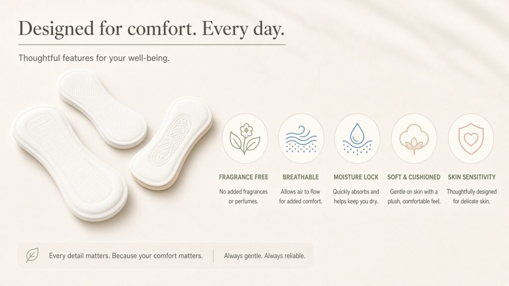 Educational flat-lay of menstrual pads with icons representing fragrance, airflow, moisture, softness, and sensitive skin.