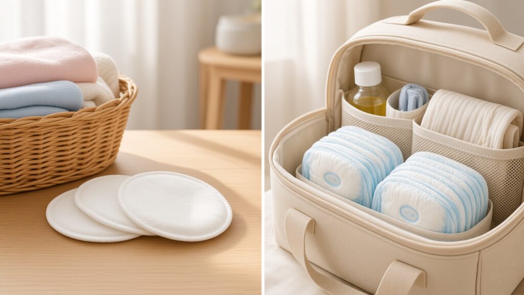 Lifestyle comparison showing reusable nursing pads for home laundering and disposable nursing pads packed for travel.